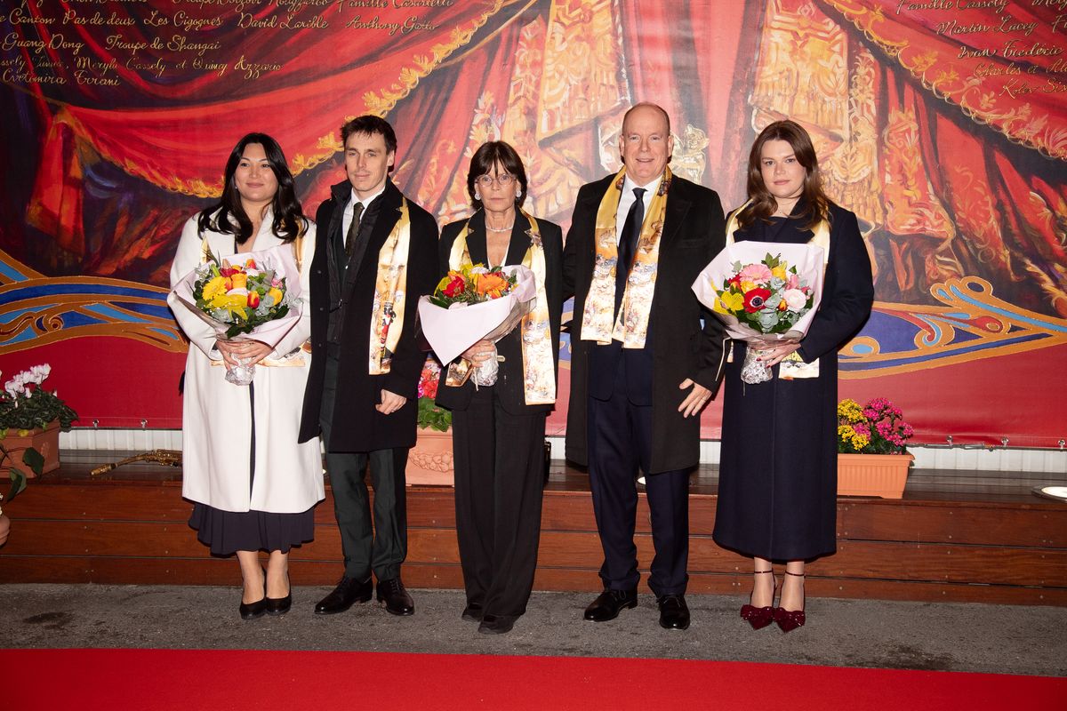 MONACO - JANUARY 21: (EDITOR'S NOTE : NO TABLOIDS WEB & PRINT, NO DAILY MAIL, NO DAILY MAIL GROUP, NO BILD, NO CHI, NO VOICI, NO CLOSER)  Marie Chavallier-Ducruet, Louis Ducruet, Princess Stephanie of Monaco, Prince Albert II of Monaco and Camille Gottlieb attend the 47th International Circus Festival on January 21, 2025 in Monaco. (Photo by Pierre Villard/PLS Pool/Getty Images)