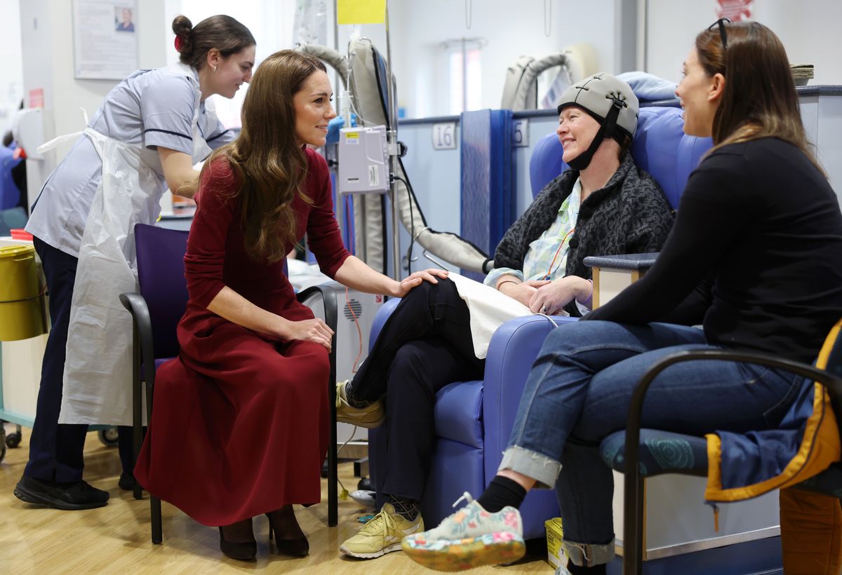 LONDON, ENGLAND - JANUARY 14: Catherine, Princess of Wales talks with Katherine Field during a visit to The Royal Marsden Hospital on January 14, 2025 in London, England. The Prince and Princess of Wales have today become Joint Patrons of The Royal Marsden NHS Foundation Trust following a visit by Her Royal Highness to the hospitalâs Chelsea site. The Princessâ own personal cancer journey saw her receive treatment from The Royal Marsden. The Royal Marsden opened its doors in 1851 as the worldâs first hospital dedicated to cancer diagnosis, treatment, research and education. (Photo by Chris Jackson/Getty Images)