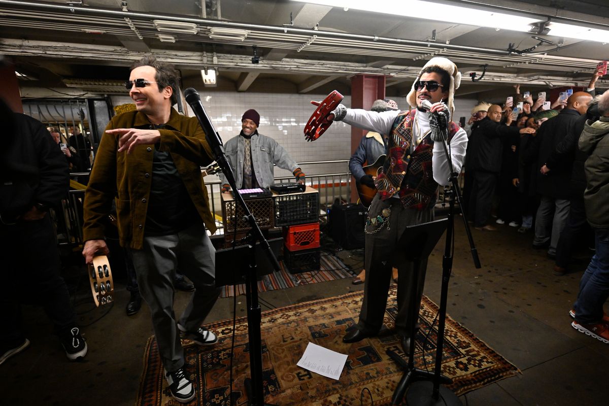 THE TONIGHT SHOW STARRING JIMMY FALLON -- Episode 2077 -- Pictured: (l-r) Host Jimmy Fallon with rapper & singer Bad Bunny during "Subway Busking" with The Roots on Monday, January 13, 2025 -- (Photo by: Todd Owyoung/NBC via Getty Images)