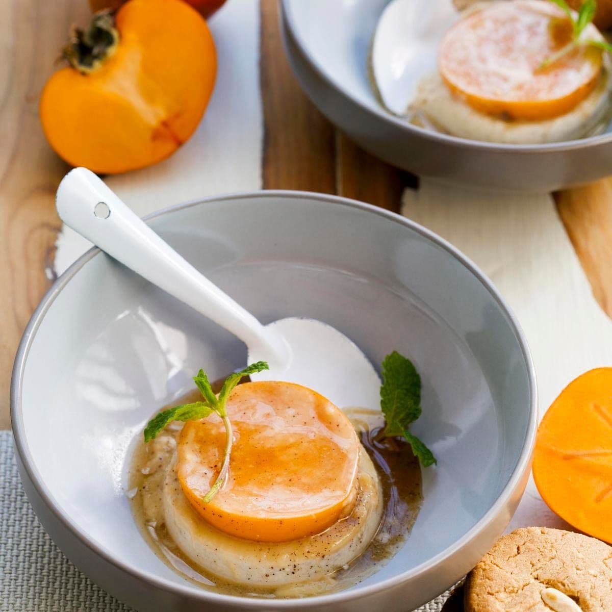 Coconut and persimmon flan with caramel sauce