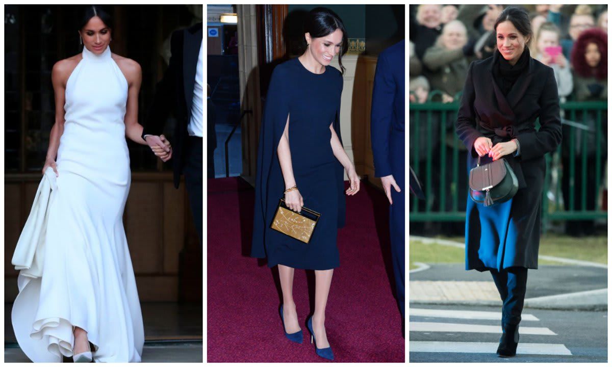 Meghan Markle wearing her second wedding dress, a cape dress, and a trench coat by Stella McCartney