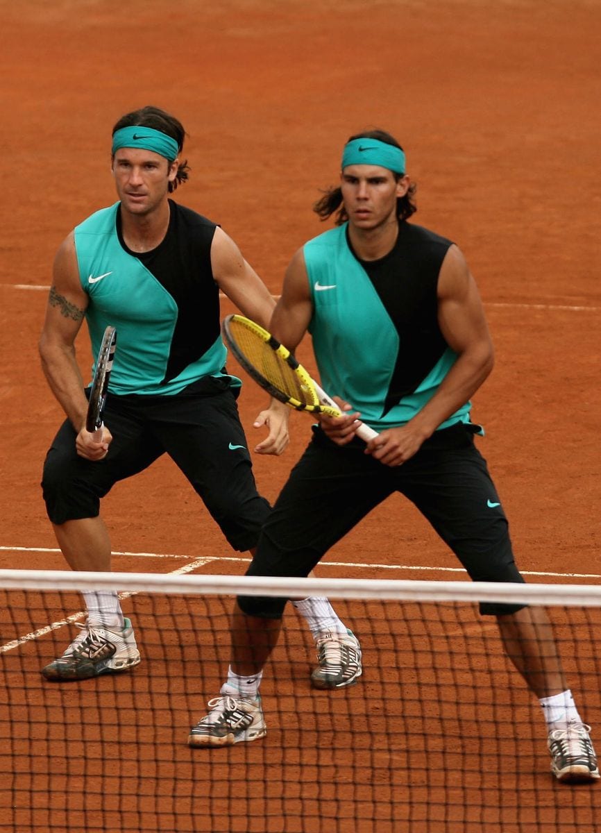 Rafael Nadal and Carlos Moya of Spain in action against Roger Federer and Stanislas Wawrinka of Switzerland  in their first round doubles match, during the ATP Masters Series at the Foro Italico, May 7, 2007 in Rome, Italy.