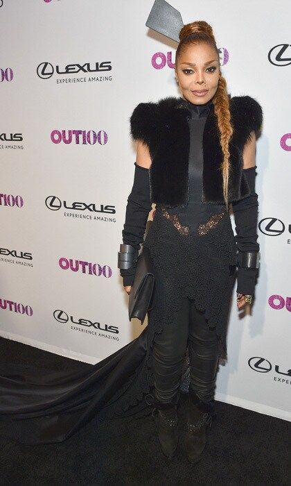 Janet Jackson wore all black to the Out100 Gala in NYC. The <i>Black Cat</i> singer added a long train to her look and kept her hair in a long braid.
Photo: Getty Images