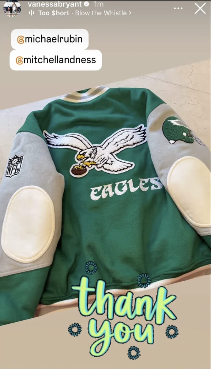 Vanessa Bryant shared a look at the Philadelphia Eagles jacket that was gifted to her by Michael Rubin