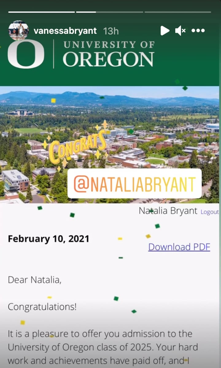 Vanessa Bryant shares Natalia Bryant's acceptance letter