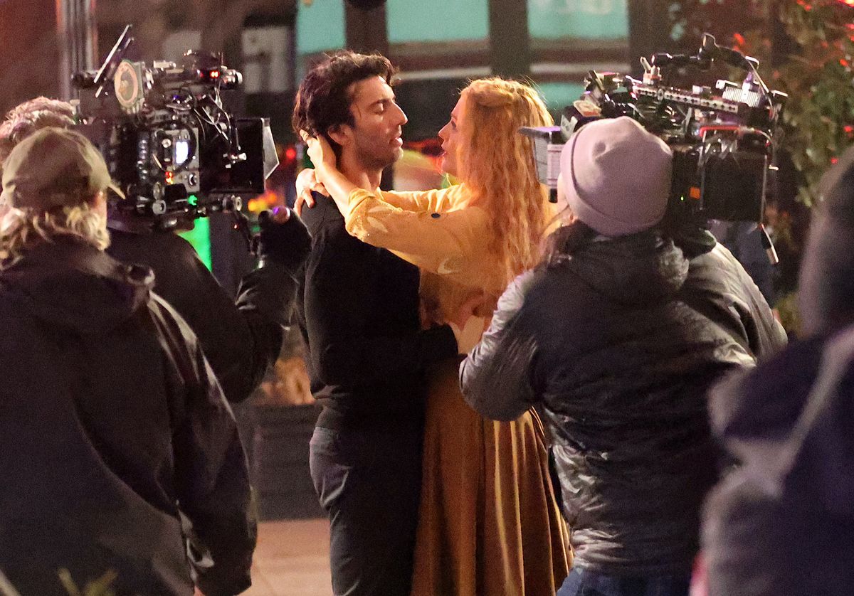 Justin Baldoni and Blake Lively are seen on the set of "It Ends with Us" on January 12, 2024, in Jersey City, New Jersey.  