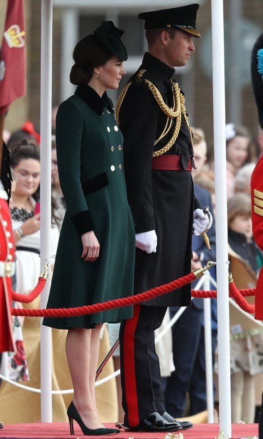 After missing the event in 2016, the Duchess of Cambridge returned to annual March 17 tradition in 2017, attending the Irish Guards' St Patrick's Day Parade at Household Cavalry Barracks in London at the side of husband Prince William. For the occasion, Kate wore a tailored forest green military-style coat with gold buttons and velvet trim.
Outfit details: Bespoke Catherine Walker coat, Monica Vinader earrings.
Photo: Dan Kitwood/Getty Images