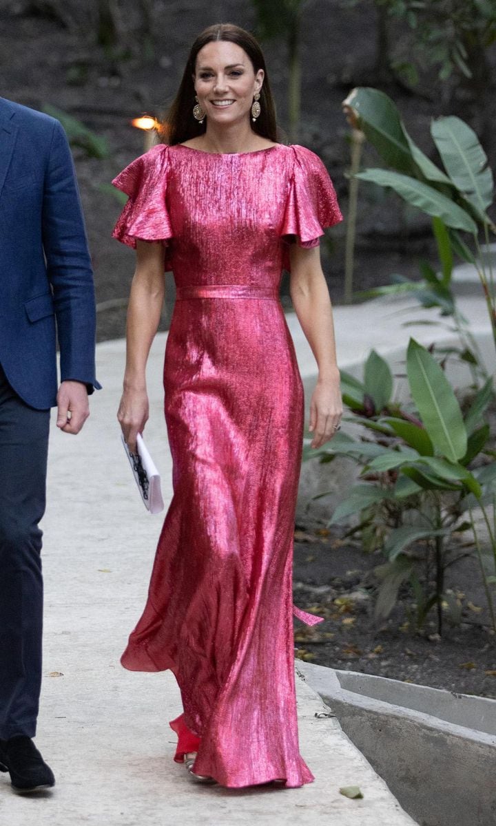 Catherine shimmered in a metallic gown by The Vampire's Wife at a special reception held at the Mayan ruins at Cahal Pech during her and William's visit to Belize in March.