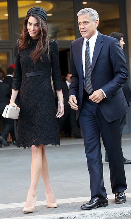 Amal looked chic in a black lace gown and nude heels.
<br>
Photo: Getty Images