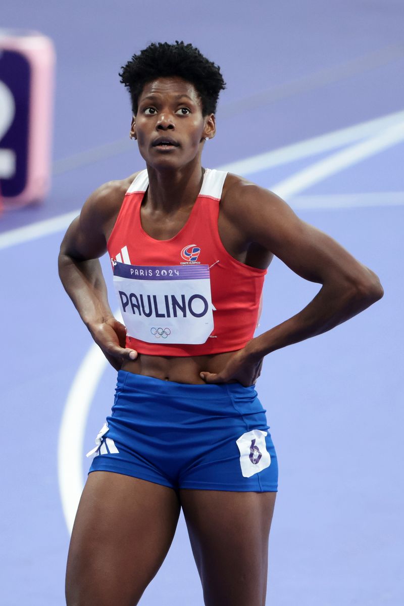  Marileidy Paulino of Team Dominican Republic reacts after competing in the Women's 400m Semi-Final on day twelve of the Olympic Games Paris 2024 at Stade de France on August 07, 2024 in Paris, France. (Photo by Jean Catuffe/Getty Images)