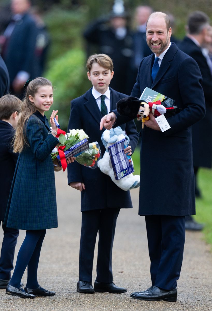 SANDRINGHAM, NORFOLK - DECEMBER 25: Princess Charlotte of Wales,  Prince George of Wales and Prince William, Prince of Wales attend the Christmas Morning Service at Sandringham Church on December 25, 2024 in Sandringham, Norfolk. (Photo by Samir Hussein/WireImage)