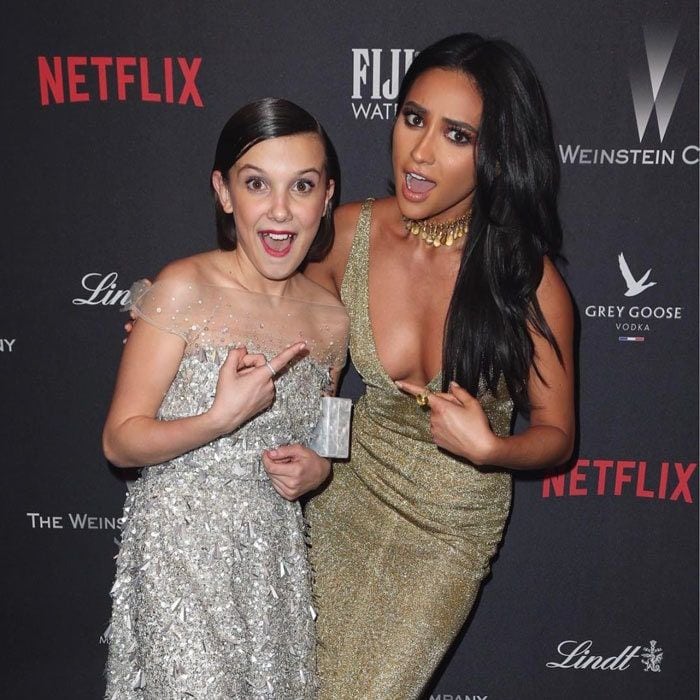 We can't tell who is more excited? Meeting Millie was the "highlight of the evening" for Shay Mitchell at the Weinstein Golden Globes party.
Photo: Instagram/@shaym