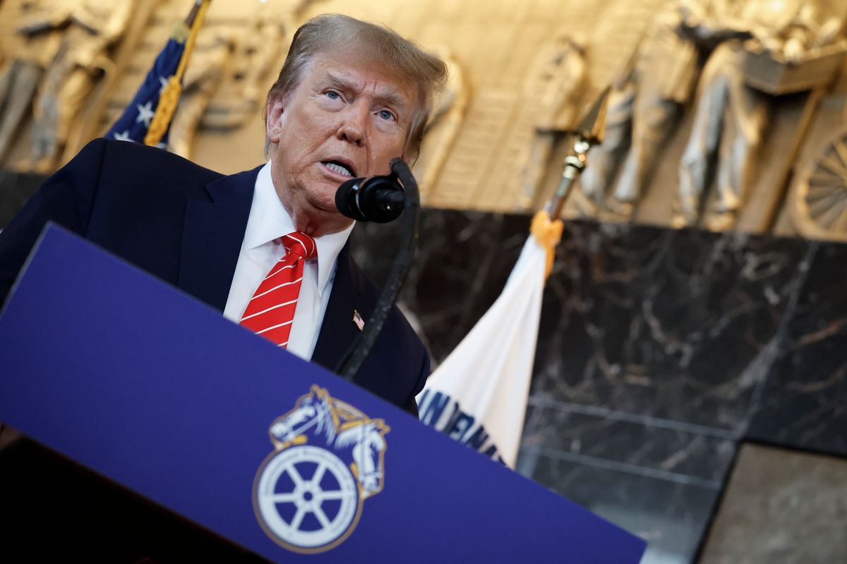 Republican presidential candidate and former U.S. President Donald Trump delivers remarks after meeting with leaders of the International Brotherhood of Teamsters at their headquarters on January 31, 2024 in Washington, DC. The United Auto Workers endorsed President Joe Biden's re-election campaign one week ago. 