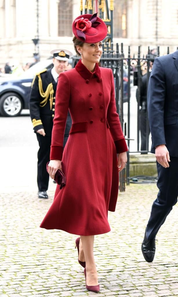 Kate Middleton’s Catherine Walker coat with Sally Ann Provan hat and burgundy Gianvito Rossi pumps