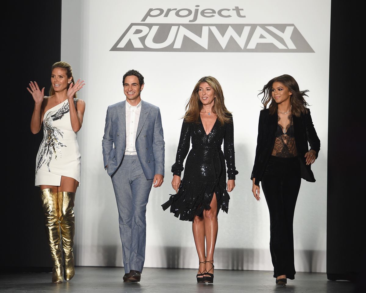 Heidi Klum, Zac Posen, Nina Garcia, and Zendaya greet the audience at the Project Runway fashion show