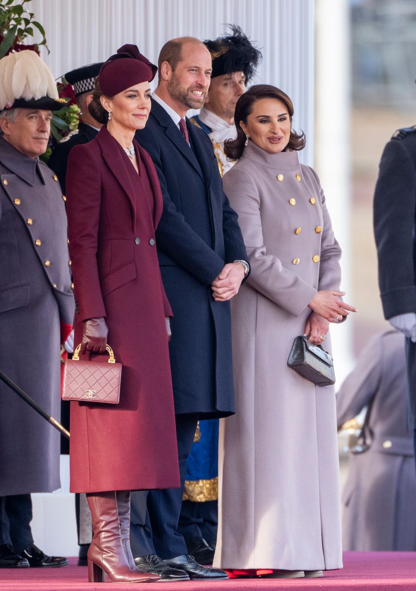 LONDON, ENGLAND - DECEMBER 3: Her Highness Sheikha Jawaher bint Hamad bin Suhaim Al Thani (R) with Prince William, Prince of Wales and Catherine, Princess of Wales during the Ceremonial Welcome on Horseguards Parade during day one of The Amir of the State of Qatar's visit to the United Kingdom on December 3, 2024 in London, England. His Highness Sheikh Tamim bin Hamad Al Thani, Amir of the State of Qatar, accompanied by Her Highness Sheikha Jawaher bint Hamad bin Suhaim Al Thani, will hold several engagements with The Prince and Princess of Wales, The King and Queen as well as political figures. (Photo by Mark Cuthbert/UK Press via Getty Images)