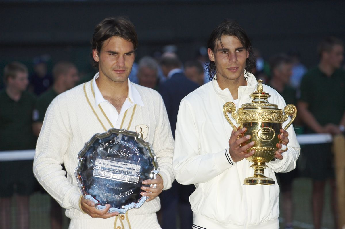 Rafael Nadal and Roger Federer after the Finals match at All England Club in 2008 