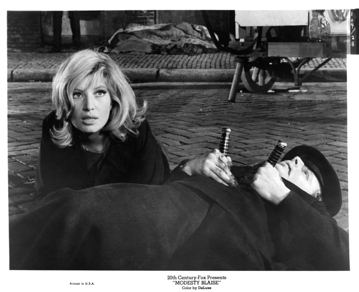 Monica Vitti on the set of 20th Century Fox movie "Modesty Blaise" in 1966. 