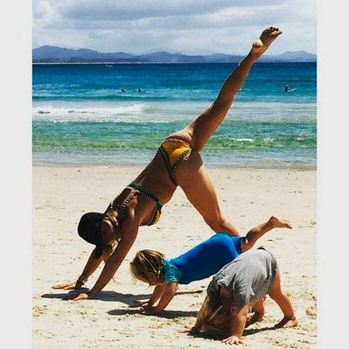 Downward dog! Spanish model and actress <a href="https://us.hellomagazine.com/tags/1/elsa-pataky/"><strong>Elsa Pataky</strong></a> taught yoga moves, beach style, to her and Chris Hemsworth's twin sons, Tristan and Sasha.
Photo: Instagram/elsapatakyconfidential