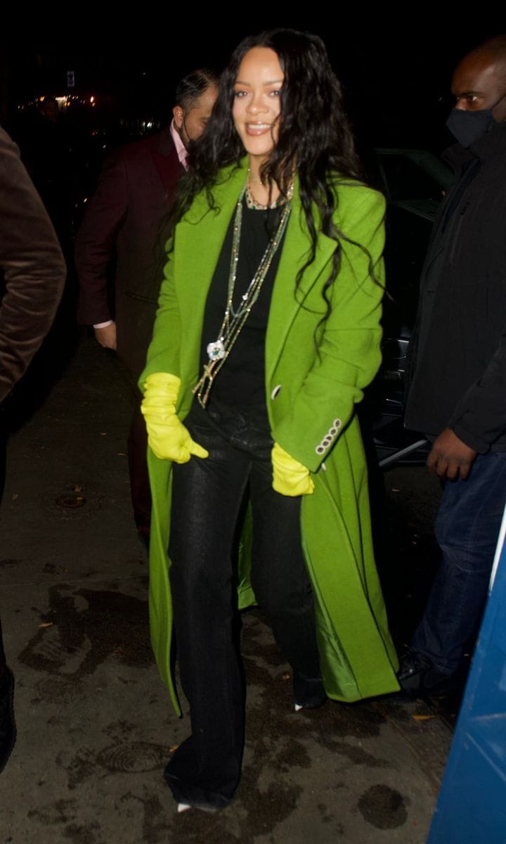 Rihanna Looks Very Stylish in Bright Green Coat Out for Dinner in NY