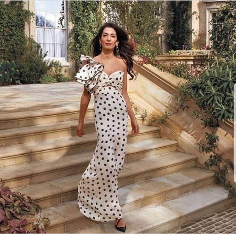 amal cloone polka dot dress