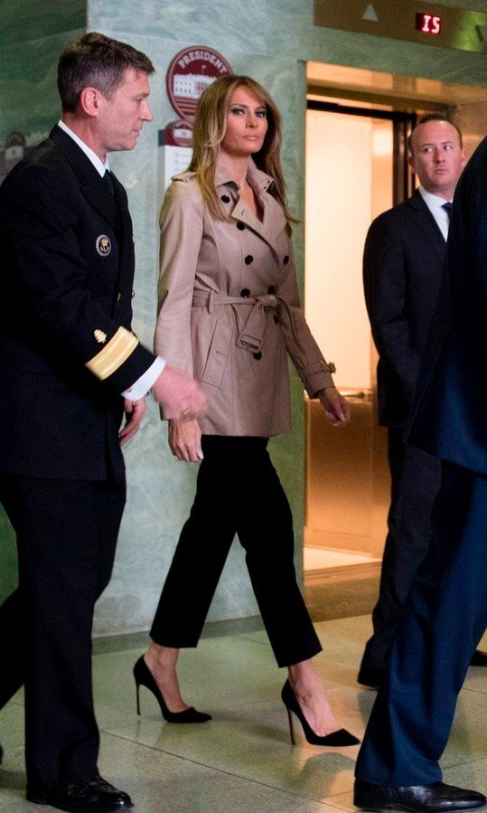 Keeping it simple and subdued, a classic trench was the coat of choice on April 27, 2017 as Melania arrived for a purple heart ceremony for Sergeant First Class Alvaro Barrientos at Walter Reed National Military Medical Center in Bethesda, Maryland.
Photo: JIM WATSON/AFP/Getty Images