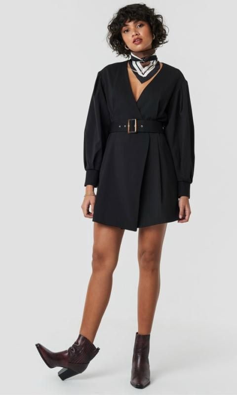 Balloon Sleeve Belted Blazer Dress In Black by NA-KD