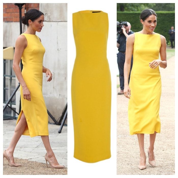 The Duchess stepped out of her comfort zone and opted for a cheery yellow Brandon Maxwell dress for her outing with Prince Harry on July 5. Meghan, who paid homage to her roots the day after the Fourth of July, wore the American designer's $1,495 midi sheath dress.
She accessorized with nude heels and Adina Reyter three diamond earrings.
Photo: Getty Images