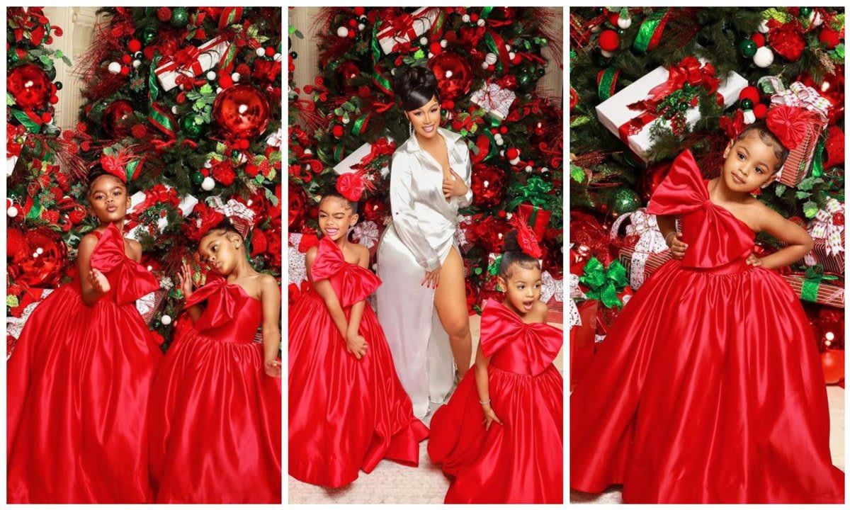 Cardi B enjoys Christmas Eve surrounded by family, stunning decorations, and a new puppy