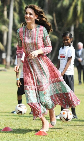 <b>Anita Dongre: India</b>
<br>
This multicolor print georgette tunic dress was deemed perfect for Kate's first day in India, when she tried a bat at the country's number one sport, cricket.
</br><br>
Mumbai designer Anita told <b>HELLO!</b> she "had no idea" Kate would wear her design. "I was absolutely thrilled and pleasantly surprised to see her in it. I've always admired her elegance, impeccable style and poise. She has always been my dream muse."
<br><br>
Photo: Samir Hussein/Pool/WireImage