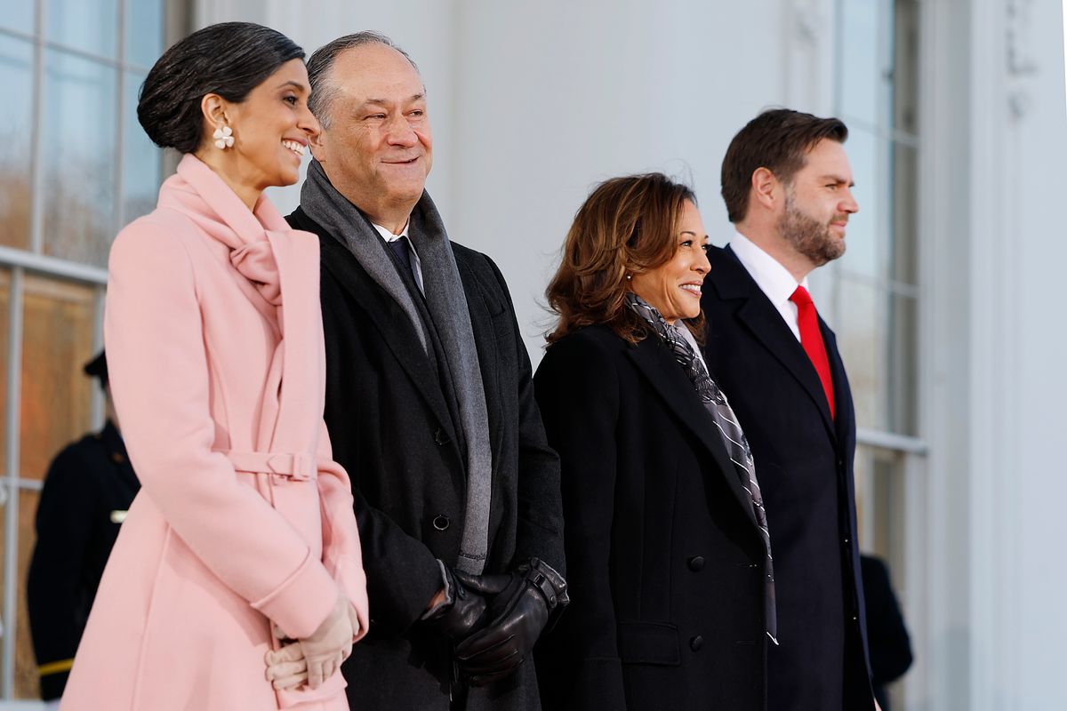 Usha Vance, second gentleman Doug Emhoff, U.S. Vice President Kamala Harris, and U.S. Vice President-elect former J.D. Vance 