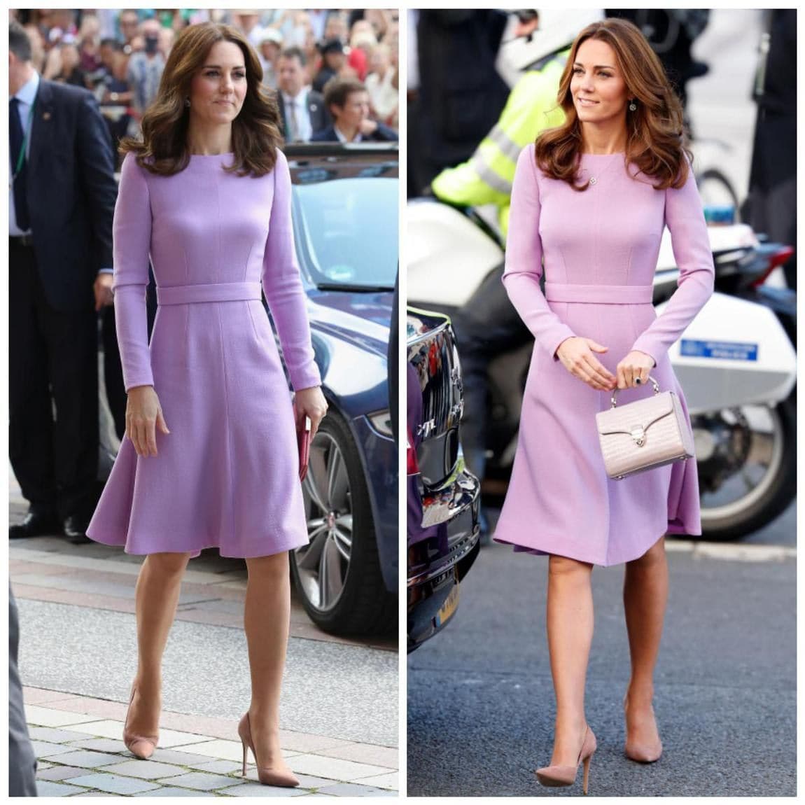 Kate Middleton in a lavender dress by Emilia Wickstead in July 2017 and October 2018