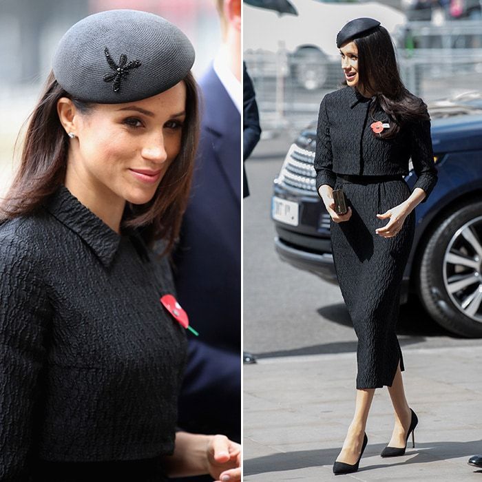 On April 25, Meghan joined Prince Harry and his brother Prince William for the Anzac Day service at Westminster Abbey. For the special occasion the future royal bride wore a 1950s style bespoke textured crepe midi skirt suit by Emilia Wickstead. She topped the outfit with a Philip Treacy pillbox-style hat.
Photos: Getty Images
