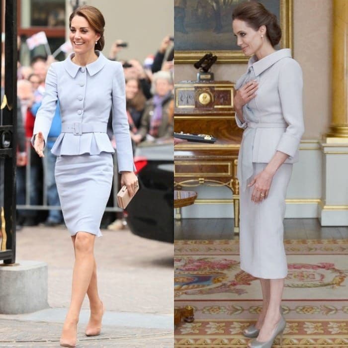 <b>Kate Middleton and Angelina Jolie</b>
The Duchess of Cambridge looked chic in the Netherlands for her first solo trip abroad in 2016 wearing a periwinkle peplum jacket and matching pencil skirt by Catherine Walker. In 2014, actress Angelina Jolie wore a similar skirt suit by Ralph & Russo to meet Kate's grandmother-in-law, Queen Elizabeth. The Oscar winner looked polish in the pastel-colored ensemble for her audience at Buckingham Palace, where she was presented with the Insignia of an Honorary Dame Commander of the Most Distinguished Order of St. Michael and St. George. Like Kate, the Oscar winner completed her sophisticated look with a low chignon.
Photos: Chris Radburn PA Wire/Press Association Images
/Anthony Devlin PA Archive/Press Association Images