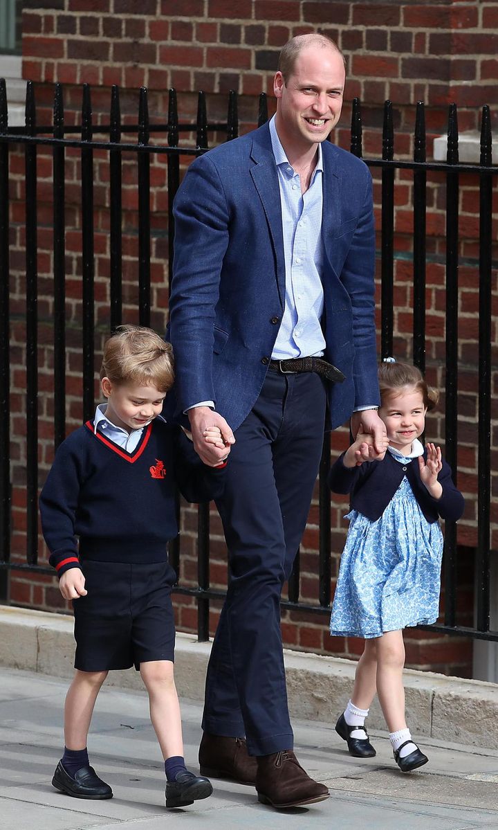 The Duke was beaming as walked his oldest children by the hand to the Lindo Wing so they could meet their newborn brother in 2018.