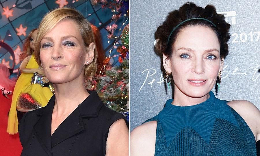 <a href="https://us.hellomagazine.com/tags/1/uma-thurman/"><strong>Uma Thurman</strong></a>'s dark hair made her eyes pop when she debuted the look, right, at the Pirelli calendar launch in November 2016.
Photos: Getty Images