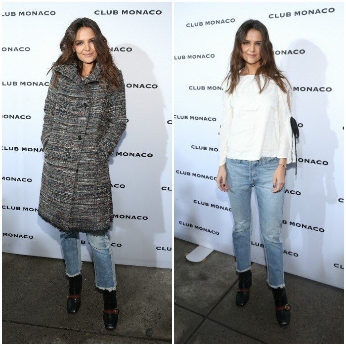 Katie Holmes also enjoyed the Club Monaco event. The star posed with and without her stylish tweed coat, in raw hemmed jeans and Gucci boots.
Photo: Bennett Raglin/WireImage/Getty Images