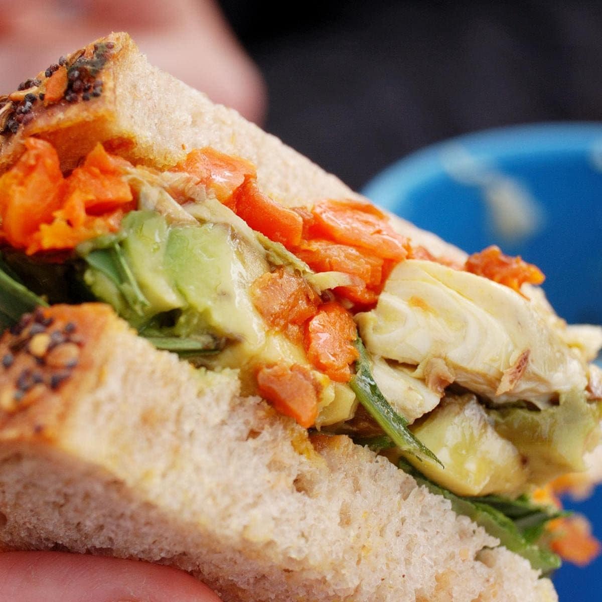 Roast carrot and artichoke sandwich.