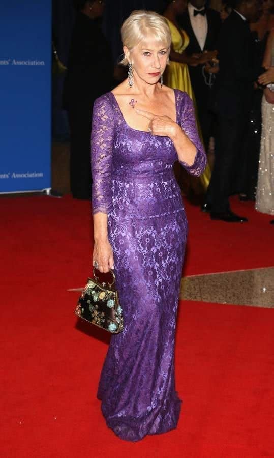 Actress Helen Mirren wore purple, and sported a tribute tattoo, in honor of late music icon Prince.
<br>
Photo: Getty Images