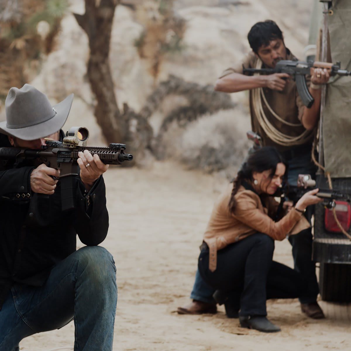 (from left) Dylan Tucker (Josh Lucas), Adela (Ana de la Reguera) and Juan (Tenoch Huerta) in The Forever Purge, directed by Everardo Gout.