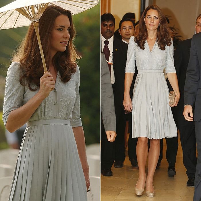 During their Singapore visit in 2012, Kate paid respects at the Kranji War Memorial in a duck egg blue colored dress with a buttoned front bodice, lace overlay on the bodice and sleeves and a full, pleated skirt.
<br>
Photo: Getty Images