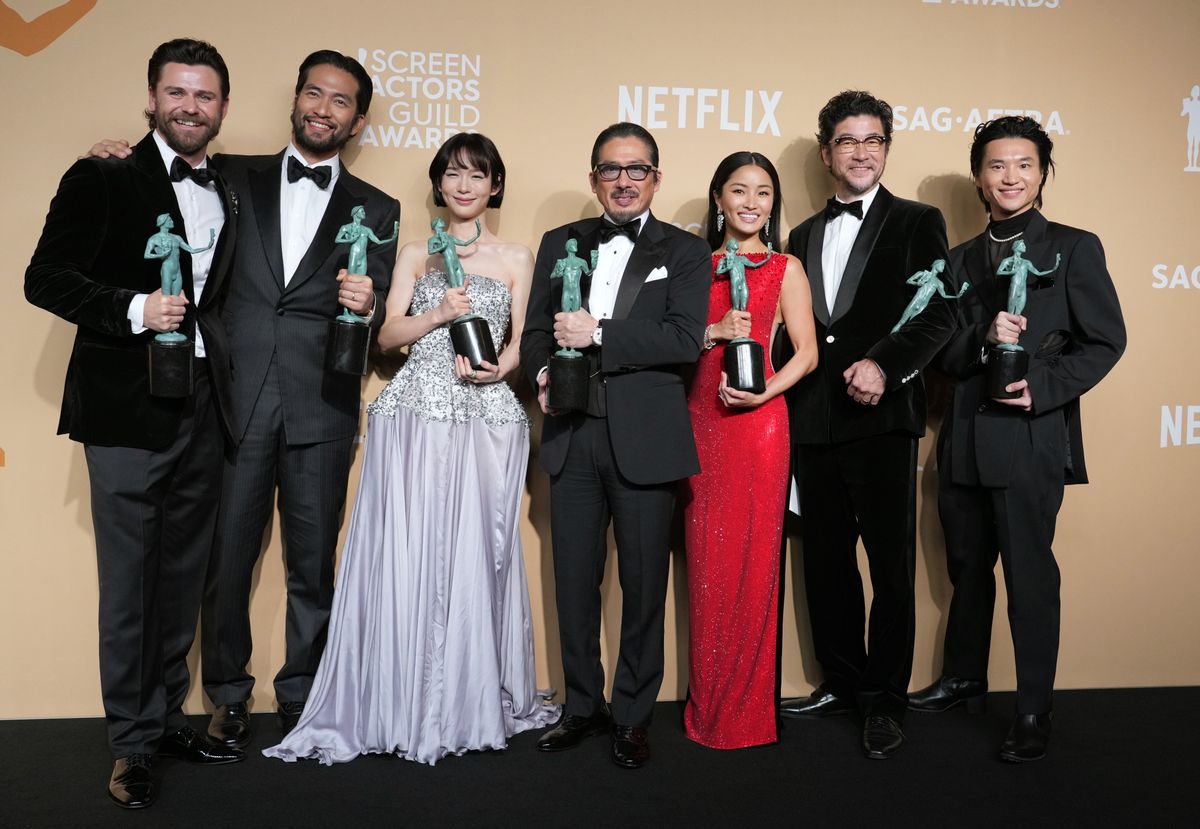 Tommy Bastow, Shinnosuke Abe, Moeka Hoshi, Hiroyuki Sanada, Anna Sawai, Tadanobu Asano and Hiroto Kanai, winners of Outstanding Performance by an Ensemble in a Drama Series for Shogun 