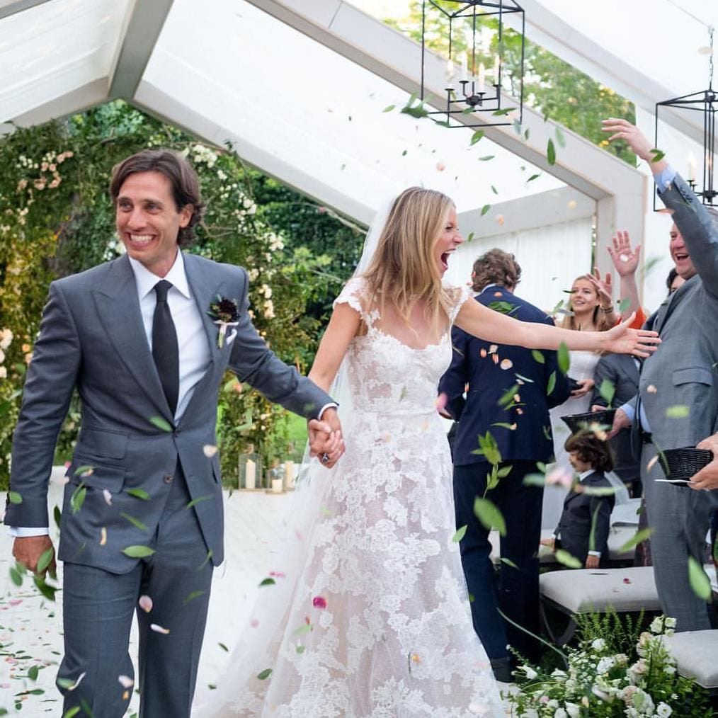 Gwyneth Paltrow wearing a Valentino gown at her wedding to Brad Falchuk