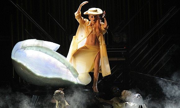 Always one to make an entrance, Lady Gaga arrived at the 2011 Grammys ceremony concealed in a replica egg. When the egg "hatched" on stage, Gaga emerged from the shell in a gold skirt, cropped top and hat.
Photo: Getty Images