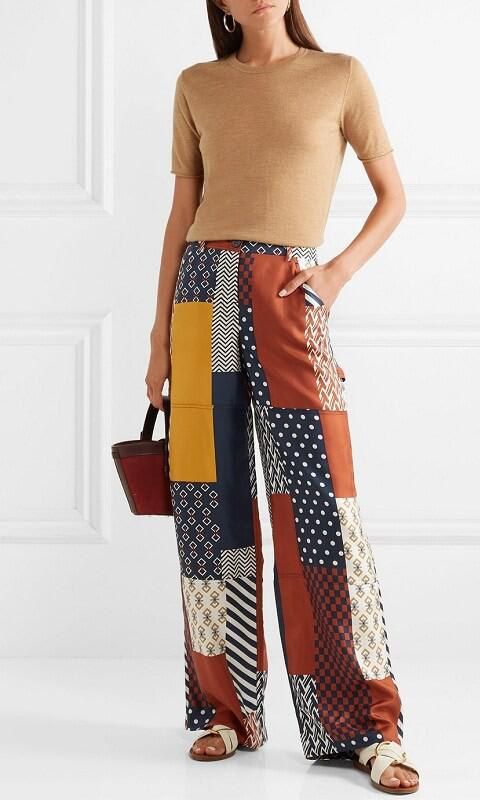 Denise patchwork printed silk-twill wide-leg pant de Tory Burch