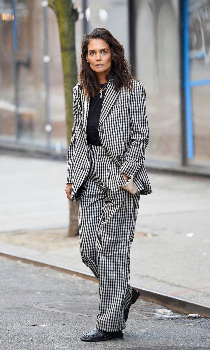 Katie Holmes rocks a gingham suit by Everlane in New York