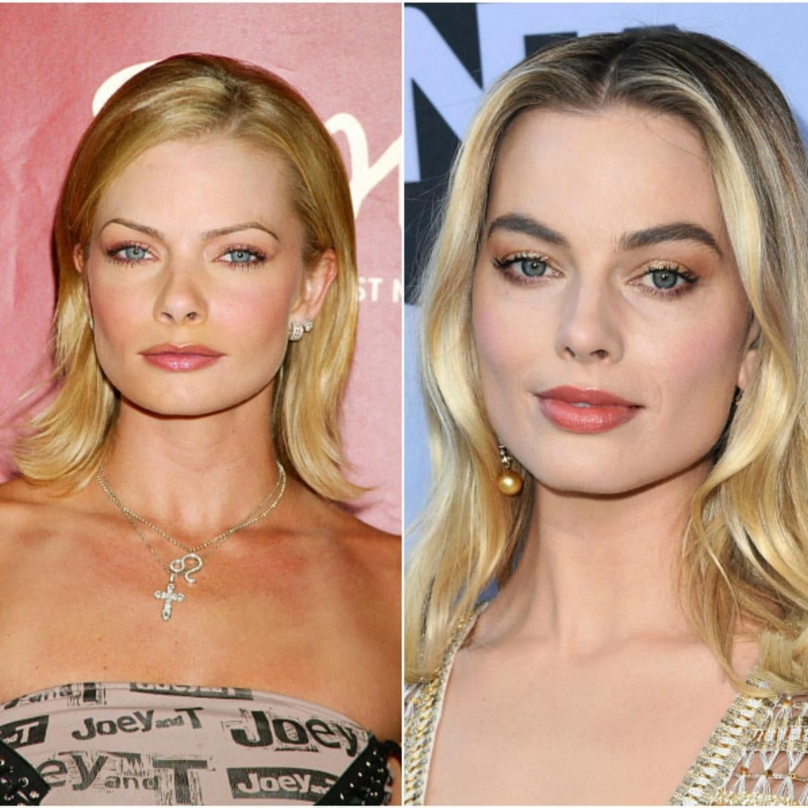 Side-by-side photos of Margot Robbie and Jaime Pressly, both with blonde hair, showing how much they look alike