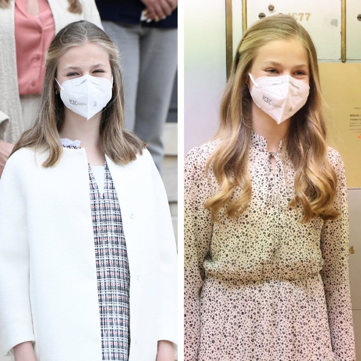 Princess Leonor's hair was longer in March during her first solo royal engagement (right)