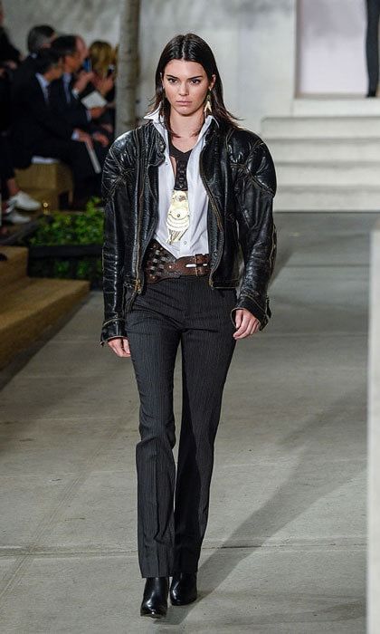 Kendall Jenner walked the runway modeling a black leather jacket, classic button down shirt and during trousers at Ralph Lauren Spring Summer 2017 fashion show.
Photo: Peter White/Getty Images