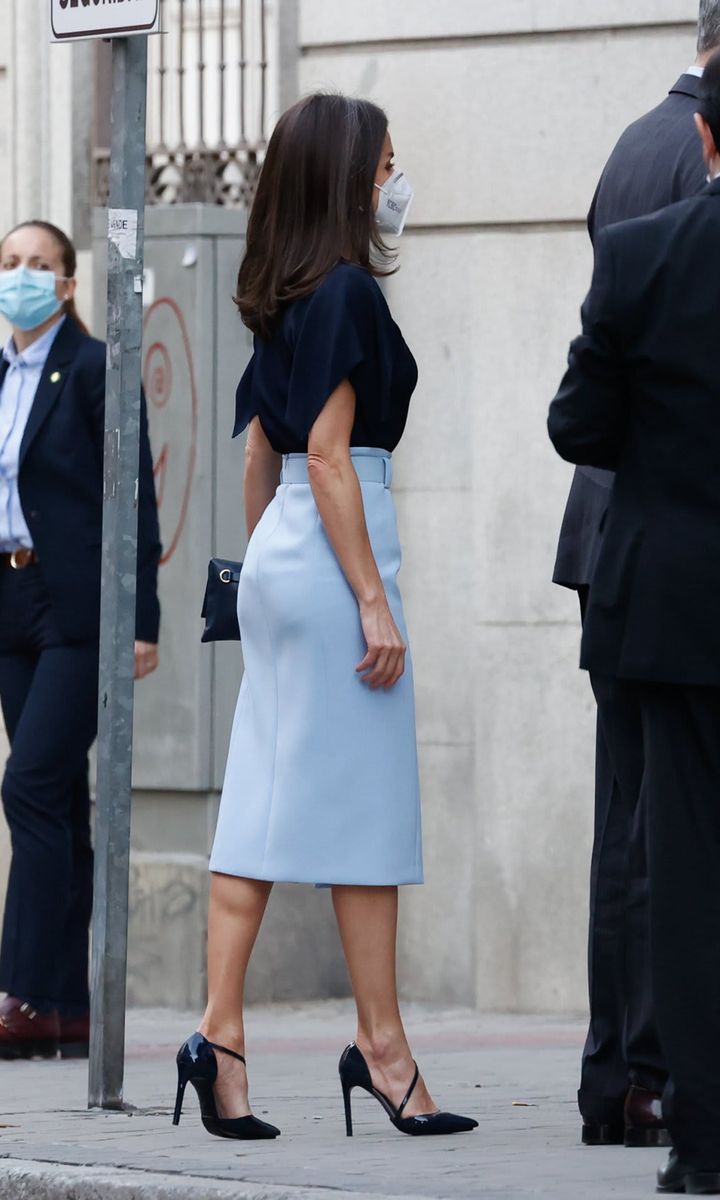 Queen Letizia was a vision in blue wearing a skirt and blouse from BOSS